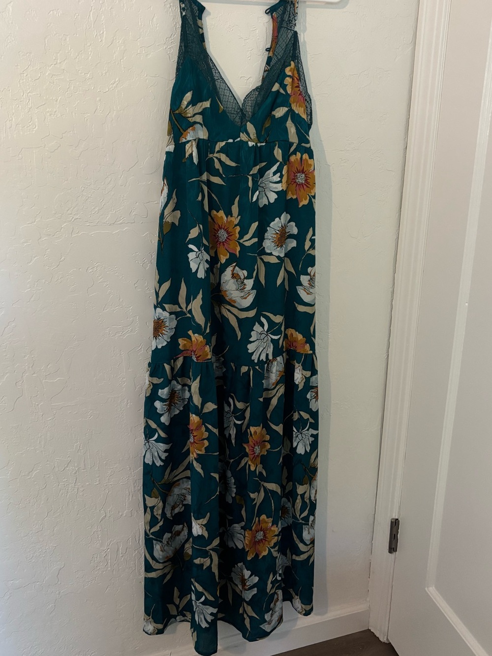 Teal Floral Maxi Dress with Lace Trim